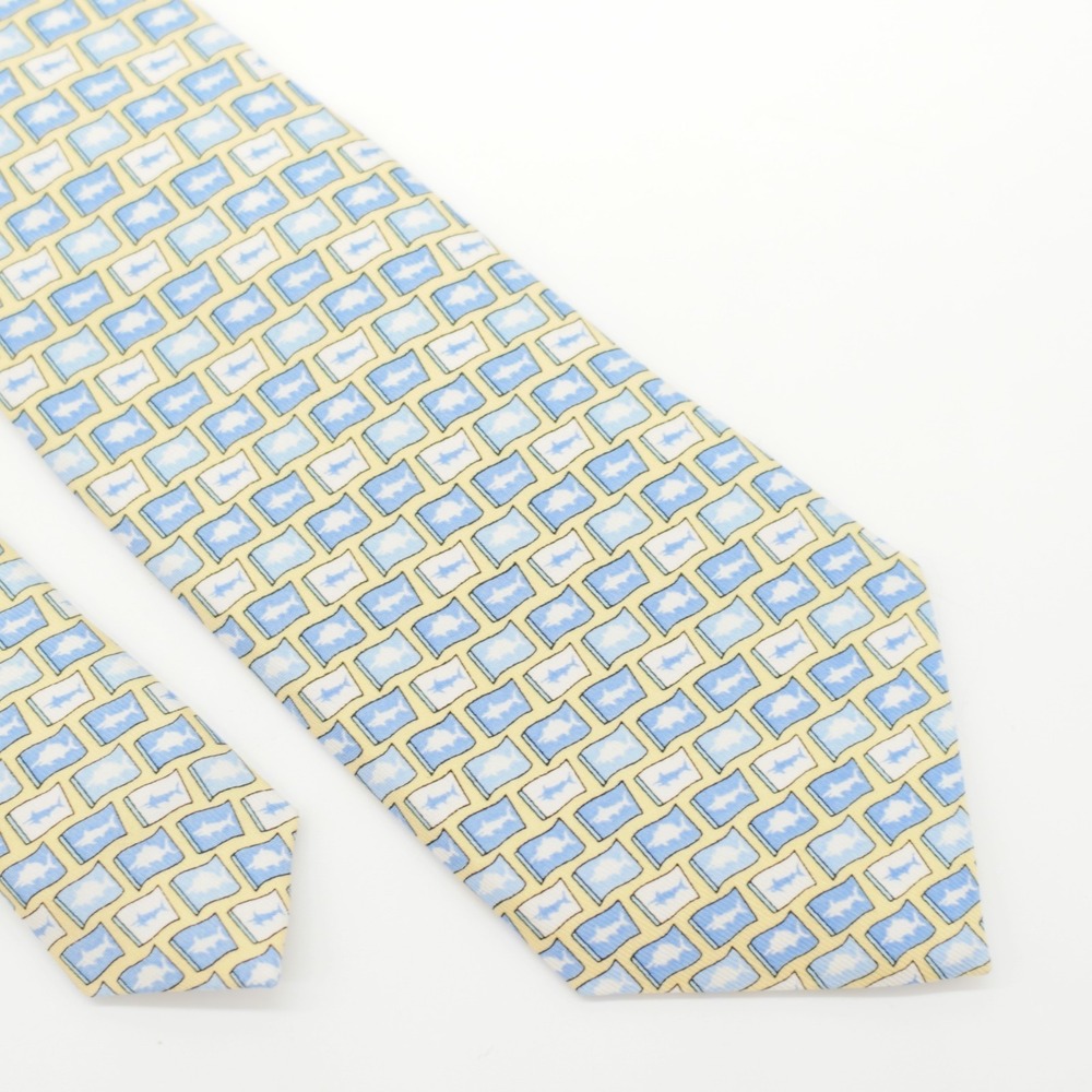 Vineyard Vines Martha's Vineyard Fish Print Yellow Blue Boy's Silk Tie USA
